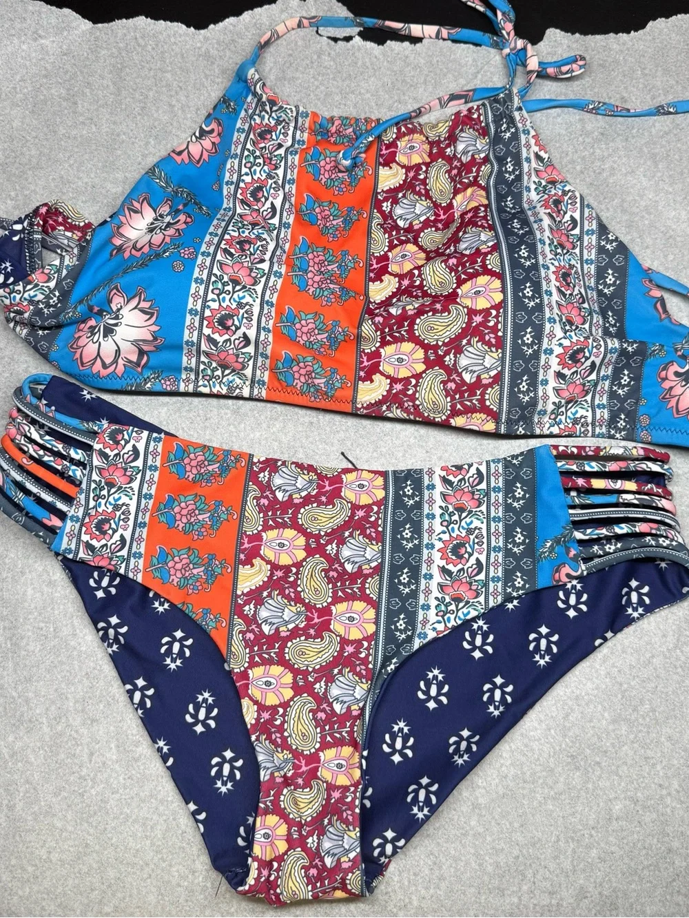 Cupshe Multicolor Patchwork Halter Bikini - Blue, Orange, Red, Navy